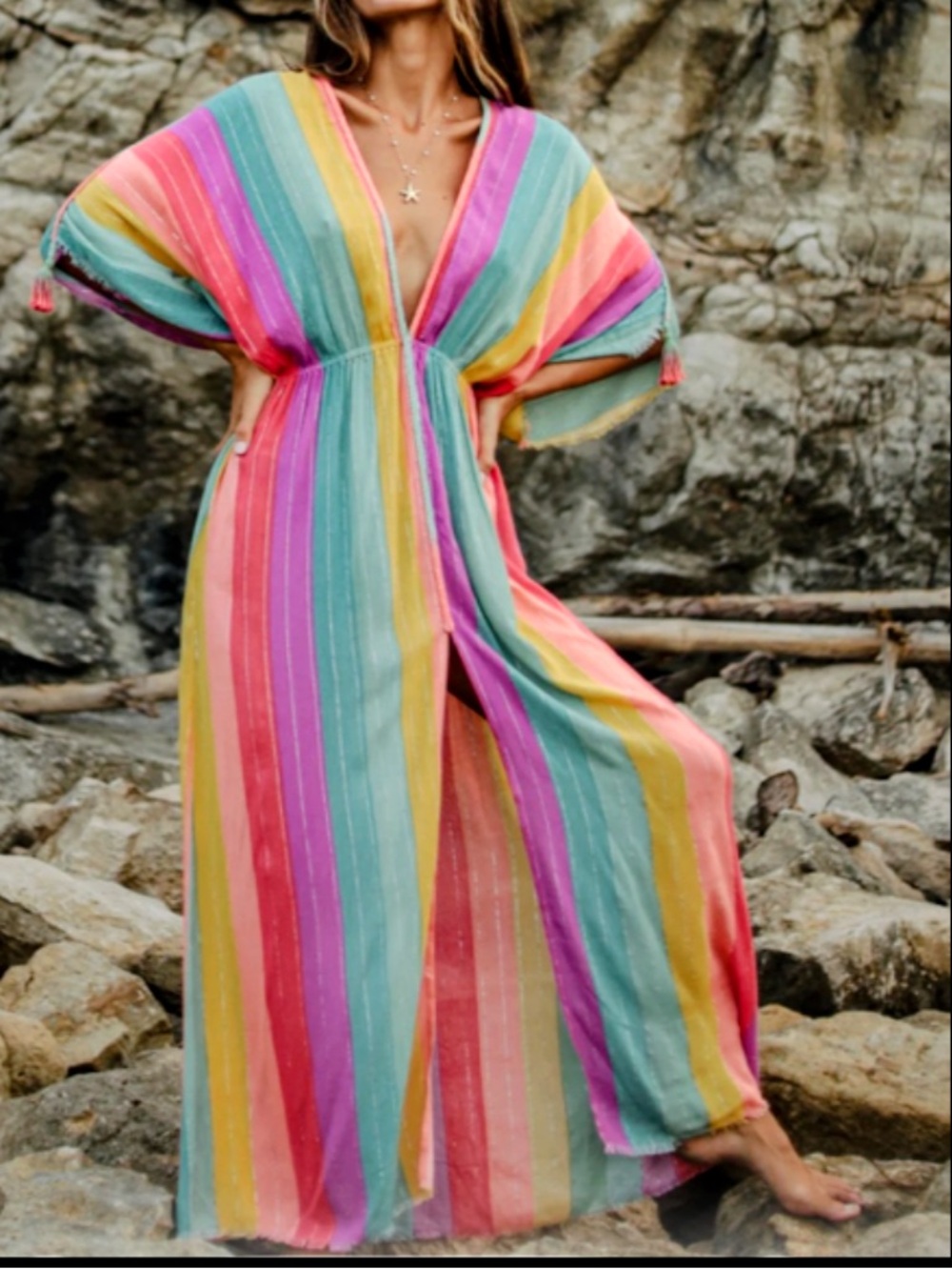 New Women’s Rainbow Stripe Swim Coverup Kaftan - Multicolor size L 100% viscose